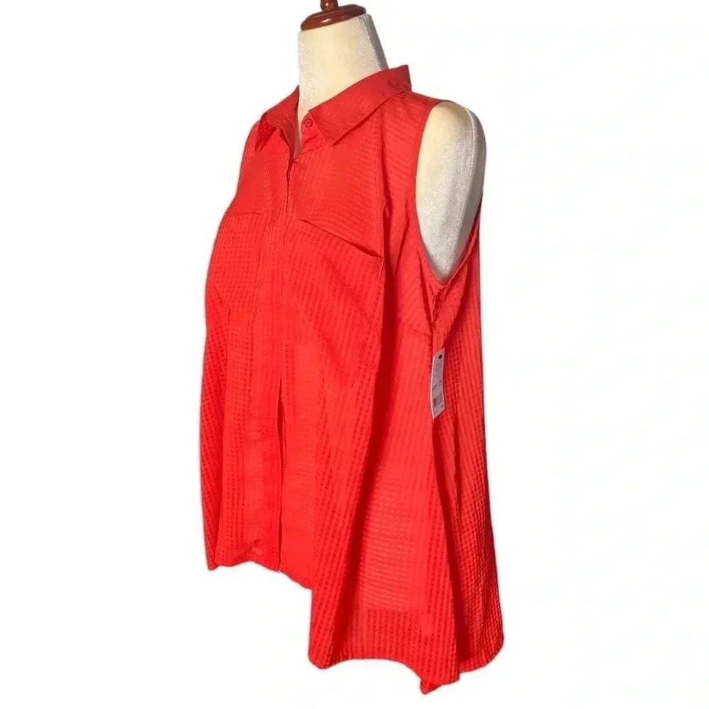 NY COLLECTIONS | Women’s Orange Sleeveless Button Down Sheer Blouse Size 1X - Picture 5 of 11